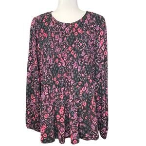 Torrid Smocked Peplum Floral Blouse Women's 14/16 | Black & Pink | Long Sleeve